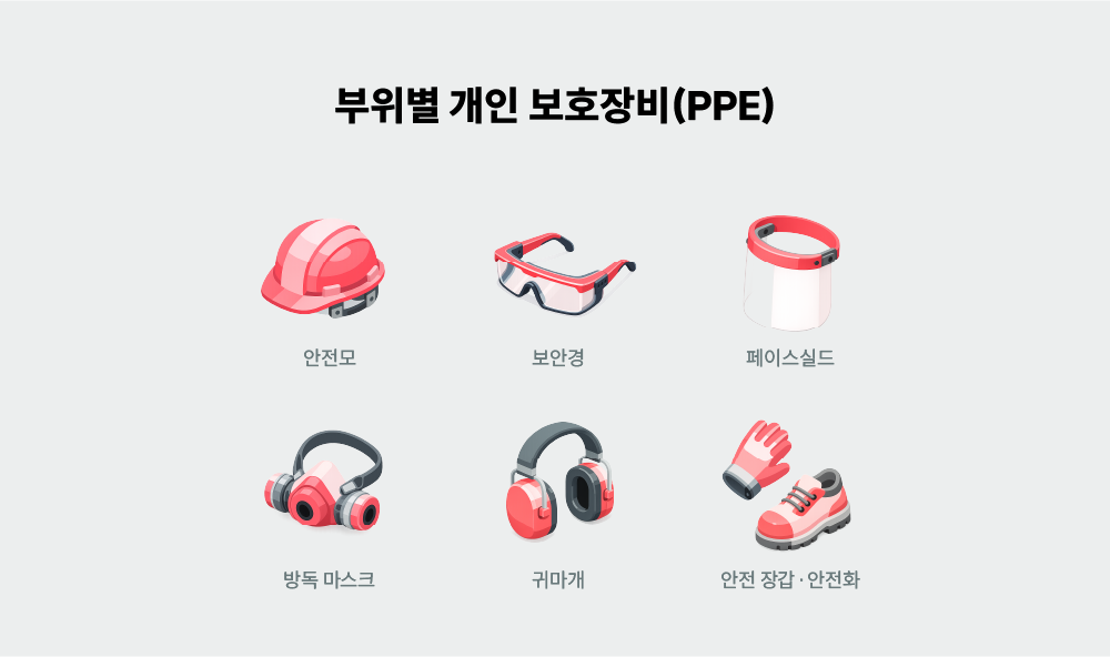 부위별 안전보호구 인포그래픽 — 머리·눈·호흡기·청력·손발 보호구 종류를 정리한 그림