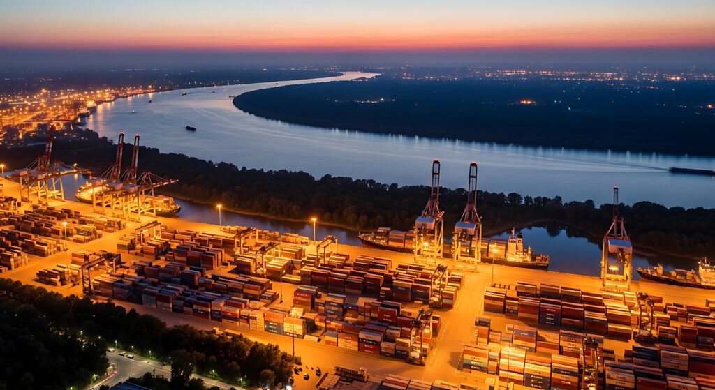 야간 항만 컨테이너 터미널 전경, 수백 개의 컨테이너가 적재된 모습