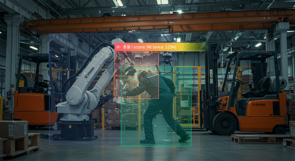 AI 인체 감지 시스템이 지게차와 작업자 간 거악하고 위험 거리 진입 시 경고
