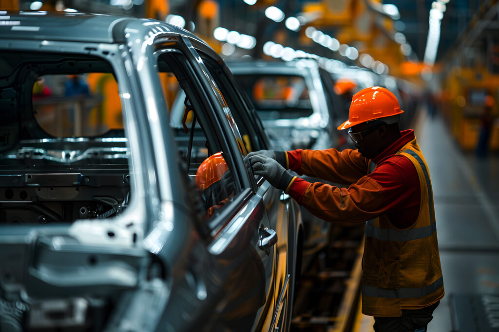 어두운 야간 공장에서 홀로 작업 중인 작업자의 모습