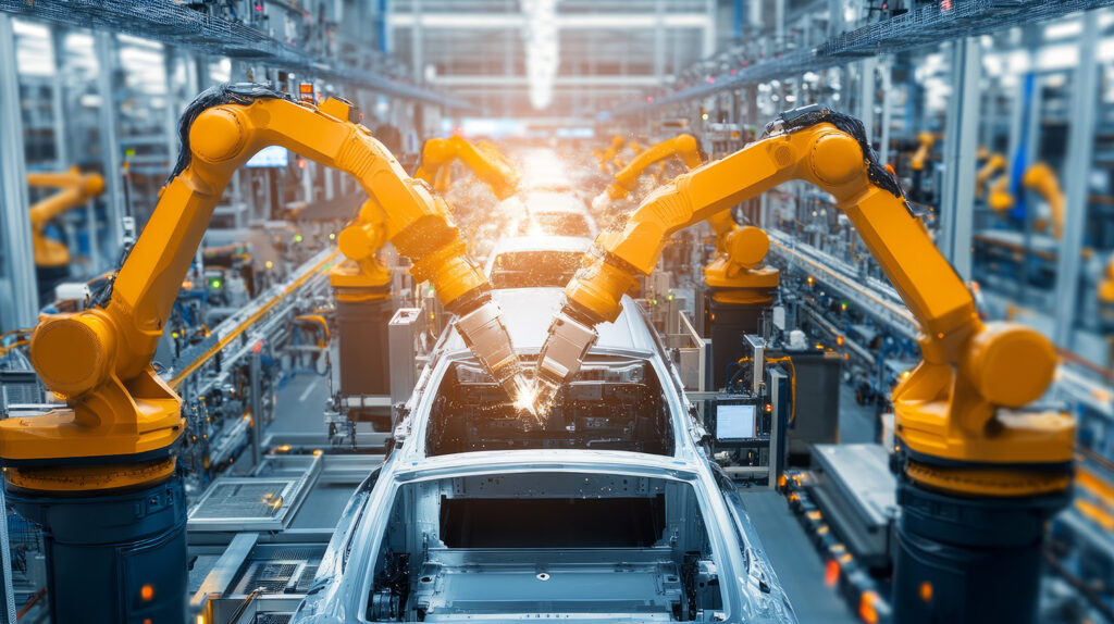 Industry 4.0 스마트팩토리 자동화 생산 라인에서 로봇과 설비가 협업하는 현대적 제조 공정 전경