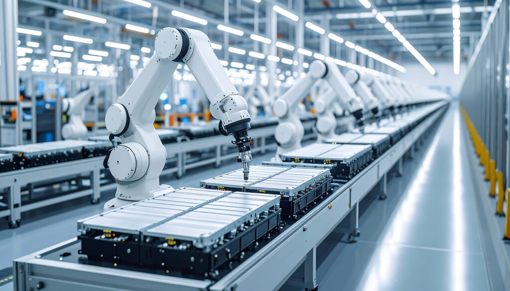 제조 자동화 솔루션이 도입된 생산 라인, 로봇 팔과 컨베이어 벨트가 설치된 스마트팩토리 전경