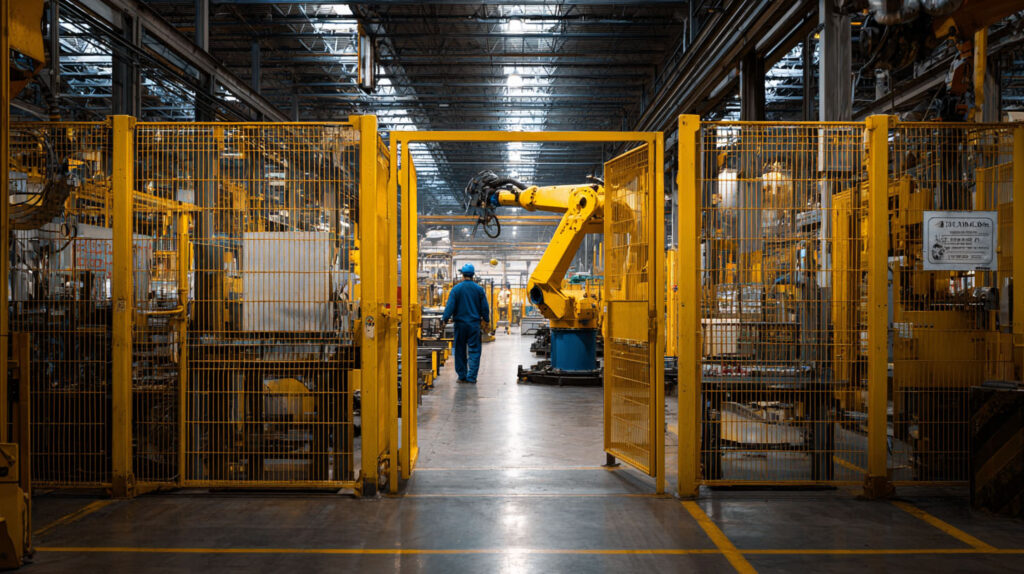 로봇 작업 현장에서 안전펜스 개방 시 작업자 진입 위험을 보여주는 모습