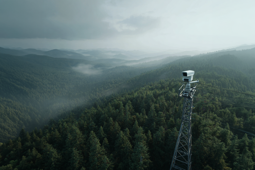 송전탑에 설치된 무인 산불 감시 카메라가 넓은 산림 지역을 24시간 모니터링하는 장면