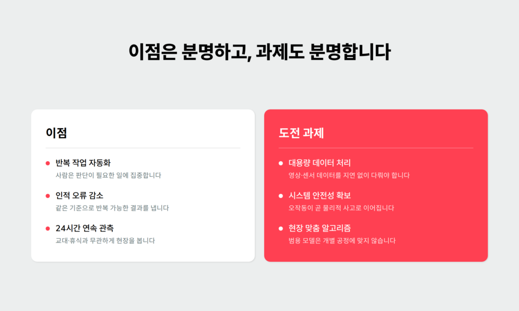 피지컬 AI의 이점과 도전 과제를 나란히 비교해 정리한 인포그래픽