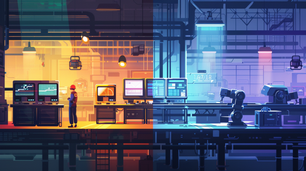 사람이 있는 공장과 자동화된 무인 공장을 대비하여 자동화 환경에서 감시 공백이 생기는 구조를 표현한 이미지 (출처:미드저니)